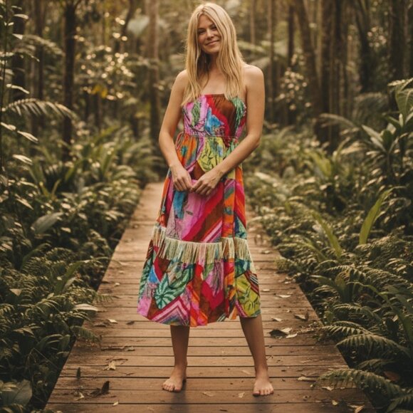 Farm Rio Anthropologie Palila Fringed Midi Sun Dress Beaded Multicolor Satin L - Picture 1 of 14